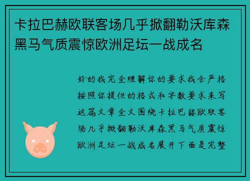 卡拉巴赫欧联客场几乎掀翻勒沃库森黑马气质震惊欧洲足坛一战成名 卡拉巴赫欧联客场几乎掀翻勒沃库森黑马气质震惊欧洲足坛一战成名
